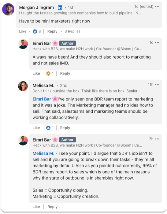 Screenshot of LinkedIn post about SDRs being mini-marketers