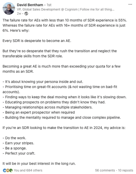 Screenshot of David Bentham’s post about SDR to AE progression