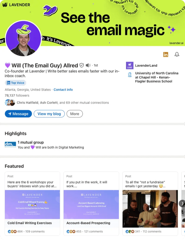 Screenshot of Will Allred, Co-Founder at Lavender’s LinkedIn profile