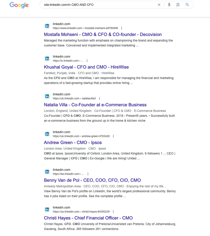 Screenshot of Google Boolean search to find LinkedIn prospects