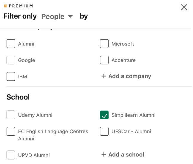 Screenshot of LinkedIn’s Alumni search filter