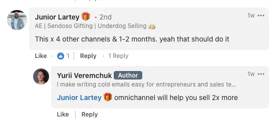 Screenshot of Junior Lartey's comment on Yuri's LinkedIn post
