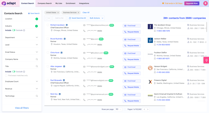Screenshot of Adapt.io contact search function