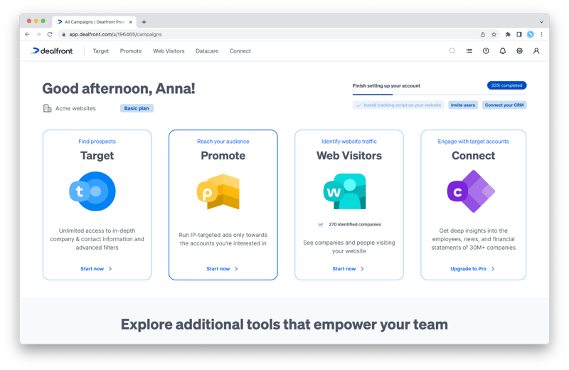 Screenshot of Dealfront's web app with tools you can use