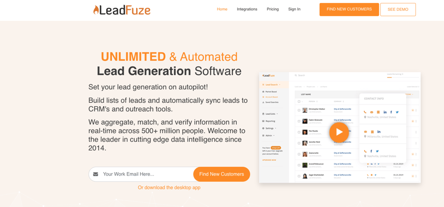 Screenshot of the LeadFuze website homepage