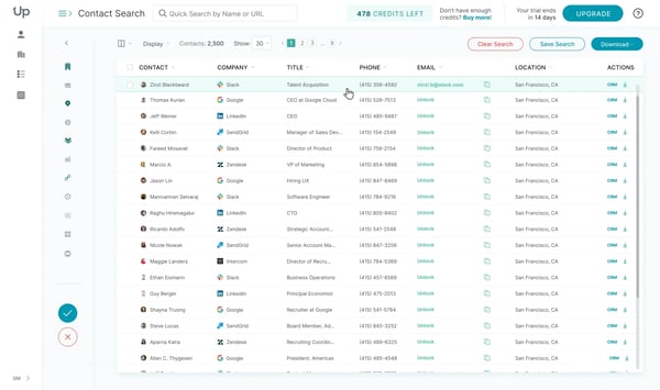 Screenshot of UpLead dashboard with contact search feature