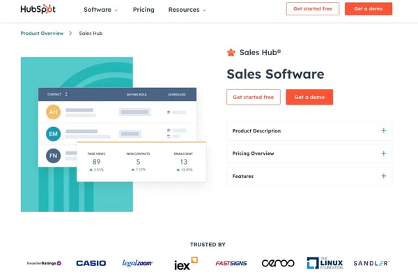 Screenshot der HubSpot Sales Hub Website.