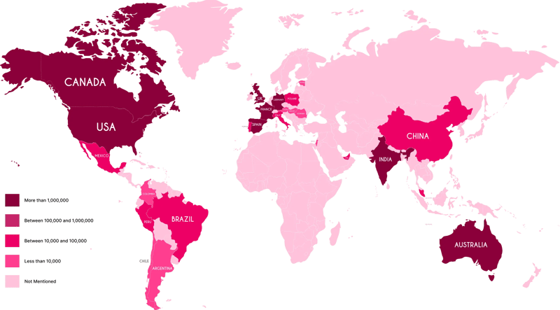Kaspr global data coverage map - number of enriched phone numbers on profiles