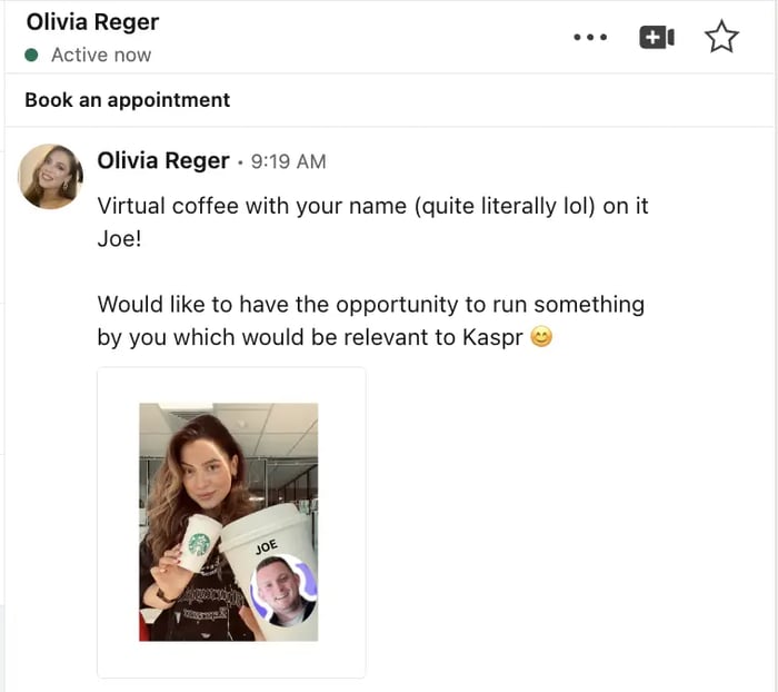 Screenshot of Olivia Reger's personalized coffee cup outreach message