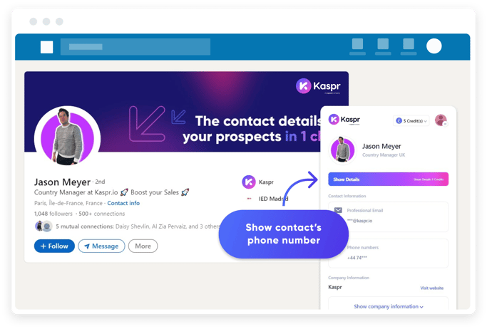 Screenshot of the Kaspr widget accessing contact information from LinkedIn profile