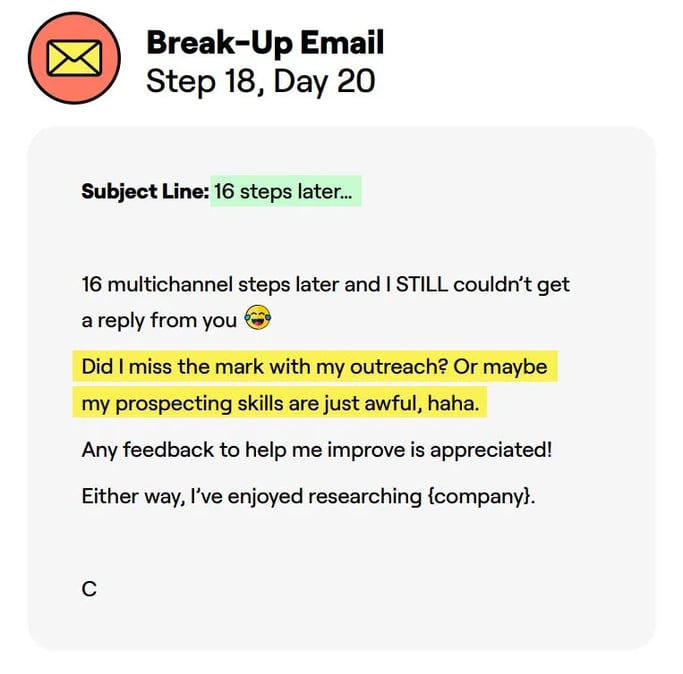 Screenshot of breakup email in sales cadence sequence