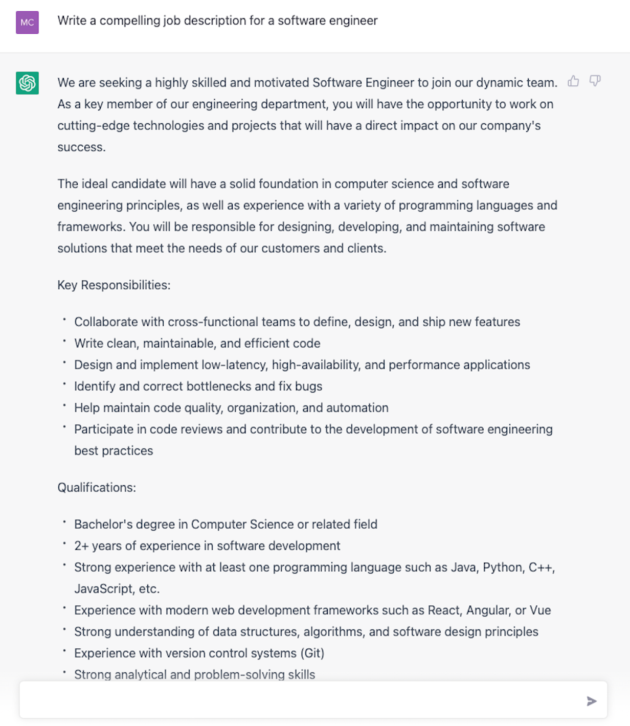Screenshot of a ChatGPT generated software engineer job description