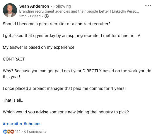 Screenshot of a LinkedIn post by Sean Anderson