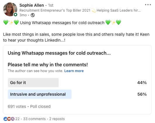 Screenshot of a LinkedIn poll by Sophie Allen