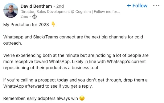 Screenshot of David Bentham’s LinkedIn post for 2023 sales predictions
